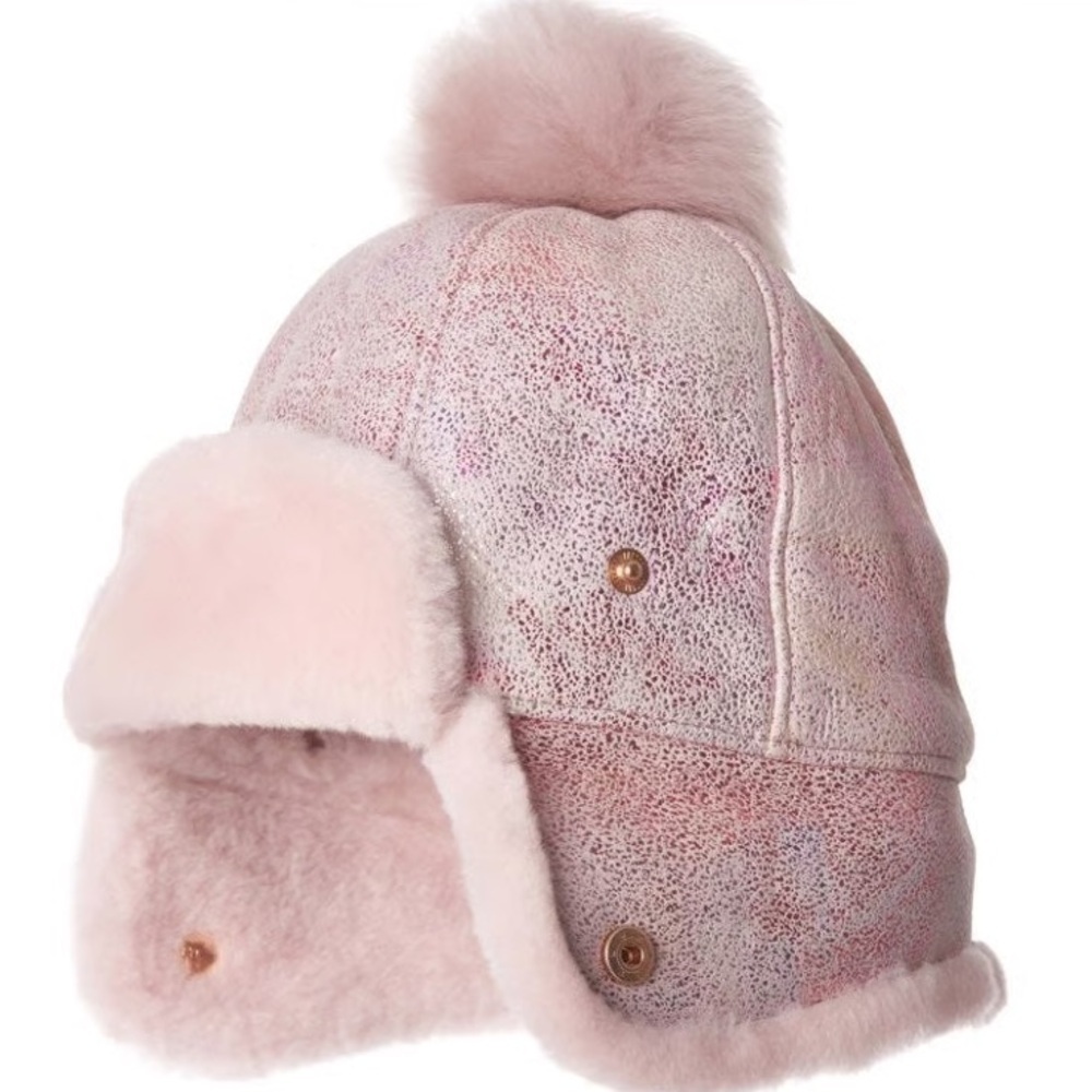 UGG® Girls Heritage Flap Shearling Pom Pom Hat Pink Metallic Size 2-4 Years